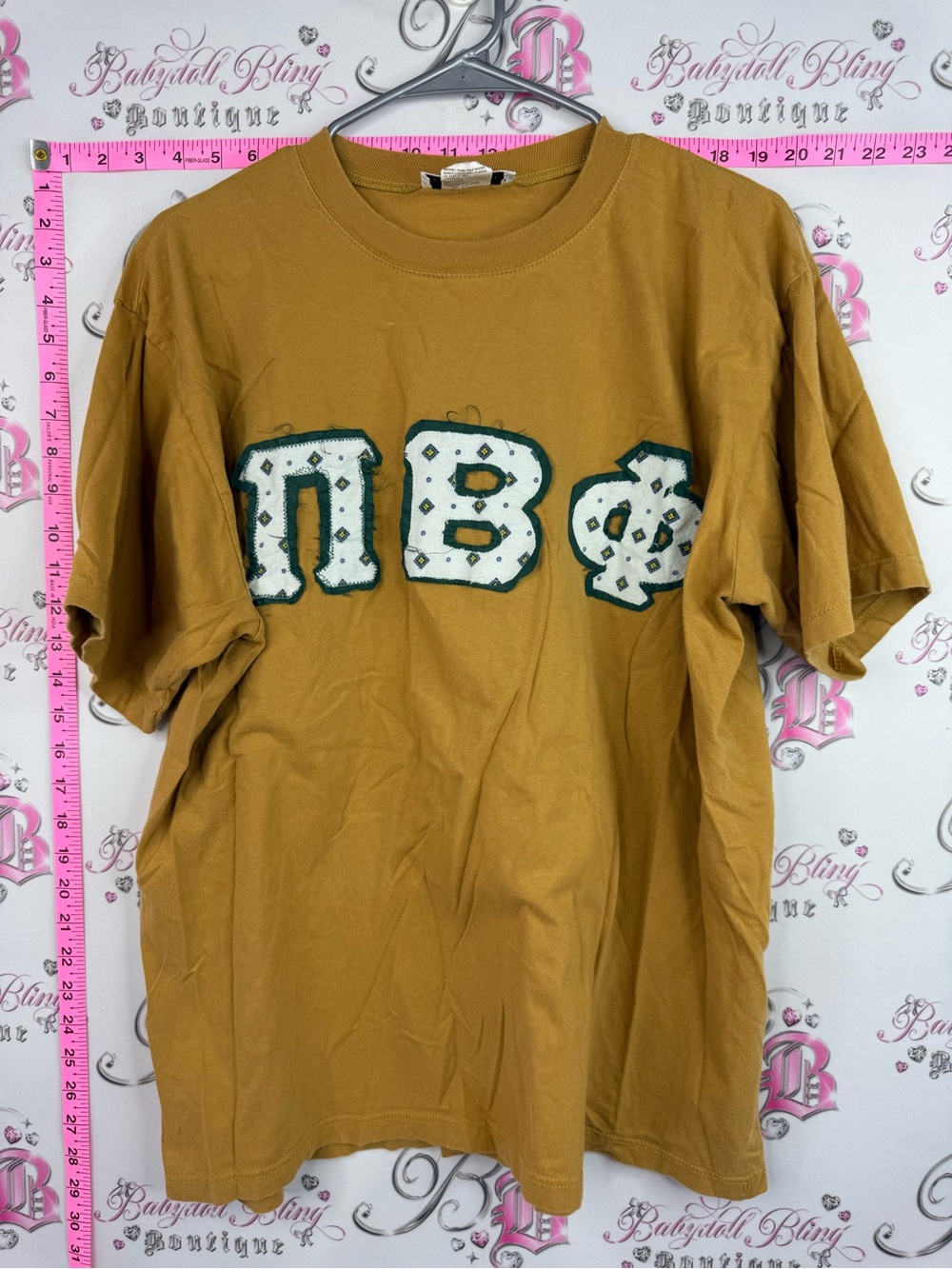 Cotton Ginny tshirt Mustard Greek Letter Tee with White & Green Applique